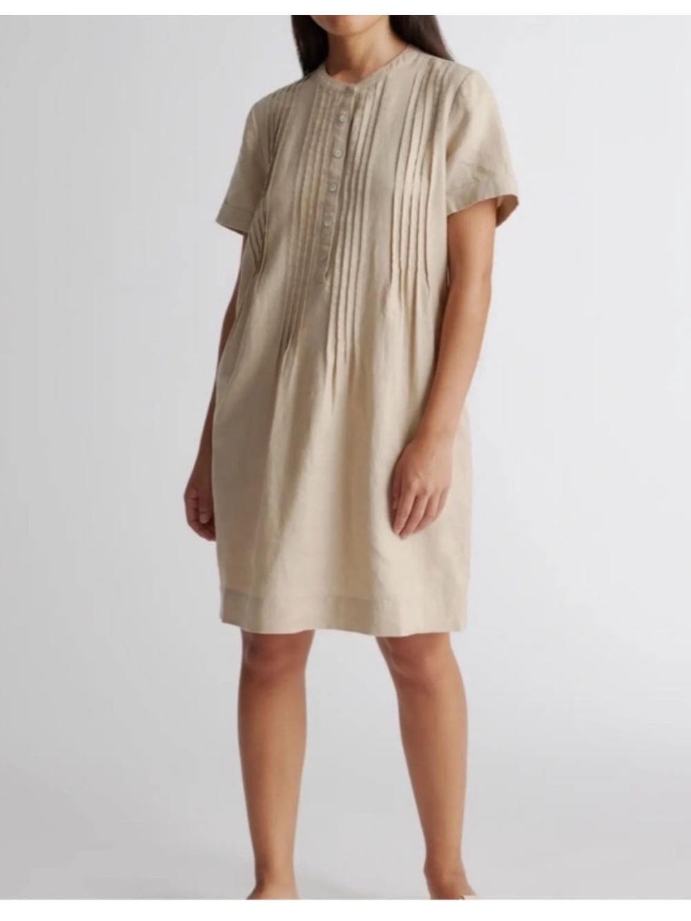 Quince Short-Sleeve Pintuck Mini Dress in Beige